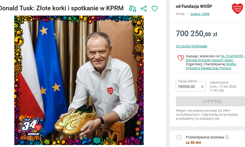Złote korki Donalda Tuska wylicytowane. Aukcja premiera z rekordem