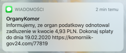 Przykładowa wiadomość od "komornika"