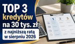 TOP 3 kredytów gotówkowych na 30 tys. zł. Gdzie dostaniesz najniższą ratę w sierpniu 2026?