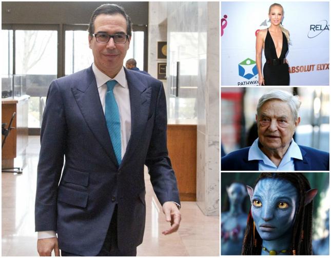 Steve Mnuchin, Louise Linton, George Soros i kadr z filmu "Avatar"