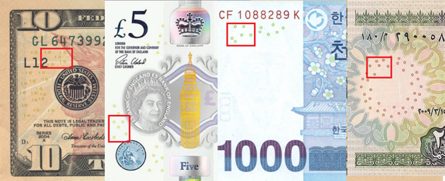 10 dolarów amerykańskich, 5 funtów brytyjskich, 1000 wonów koreańskich i 20 funtów egipskich.