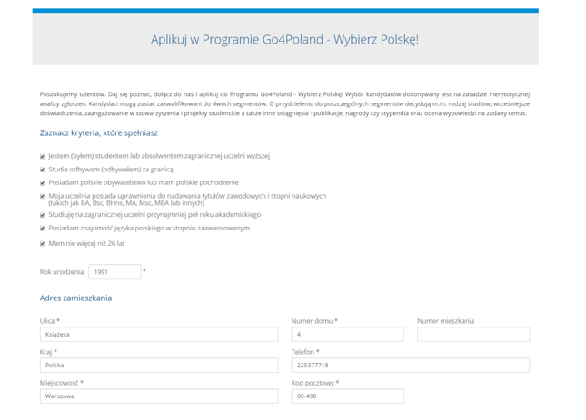 Formularz aplikacji do programu dostępny na stronie www.go4poland.pl