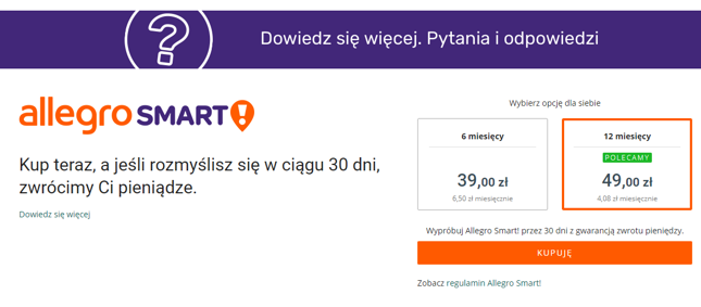 Jeśli chcemy korzystać z Allegro Smart!, możemy wybrać spośród dwóch opcji subskrypcji.