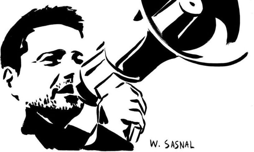 Mural z Trzaskowskim według projektu Sasnala na ścianie budynku w Katowicach