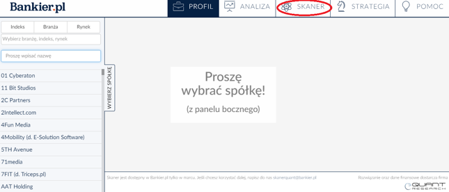 Skaner pozwala skanować spółki według wybranych kryteriów, ale także pozwala badać skuteczność strategii i poszczególnych wskaźników analizy fundamentalnej