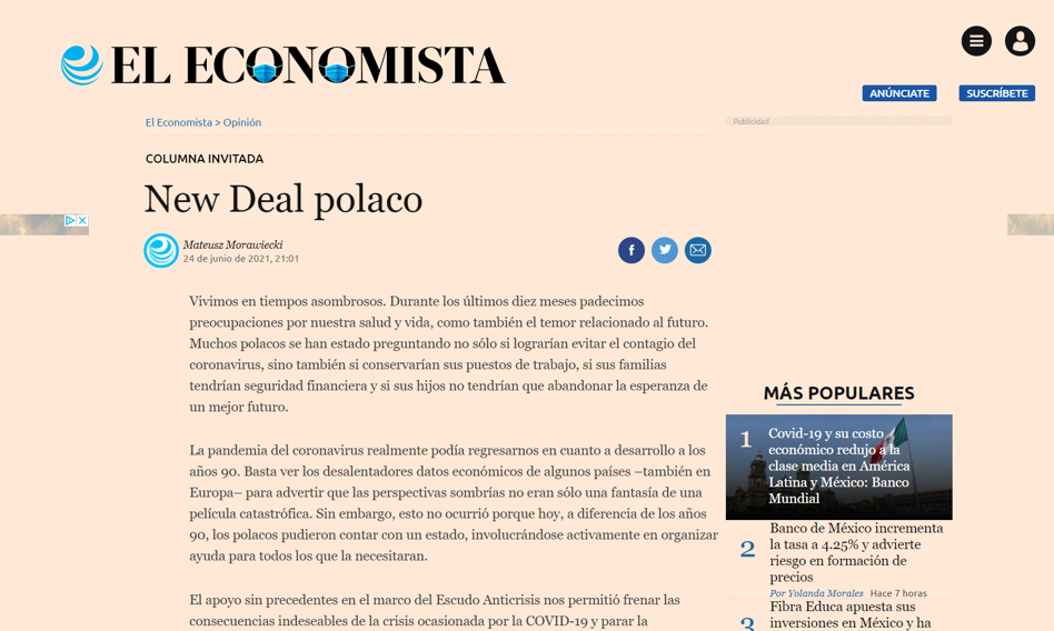 “El Economista” opublikował artykuł premiera Morawieckiego o “Nowym Polskim Ładzie”