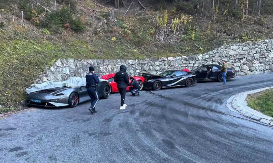 Najdro偶sza kolizja 艣wiata? McLaren, dwa ferrari i bentley zderzy艂y si臋 na drodze w g贸rach