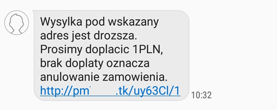 Treść wiadomości SMS przesyłanej przez oszustów