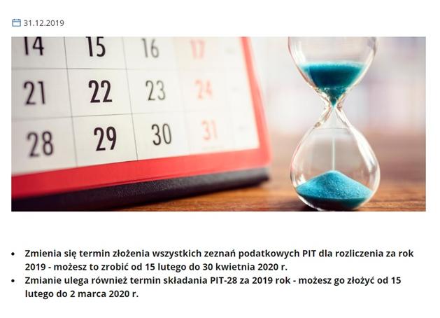 Fragment zrzutu ekranu z rządowej strony: https://www.gov.pl/web/finanse/kiedy-zlozyc-pit-za-2019-r