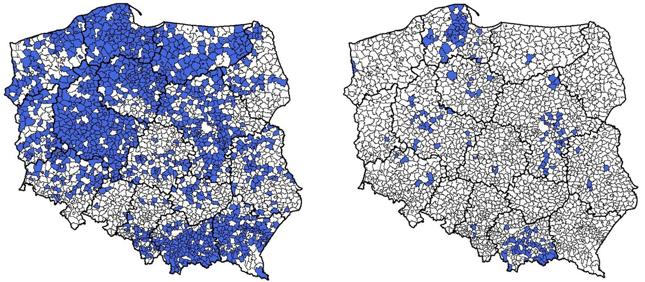 Gminy o większej liczbie osób w wieku przedprodukcyjnym niż poprodukcyjnym: stan w 2016 r. po lewej i prognoza 2030 r. po prawej