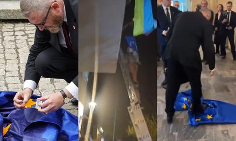 Grzegorz Braun z kampanią w cieniu śledztw. "Walczy" m.in. z unijnymi flagami