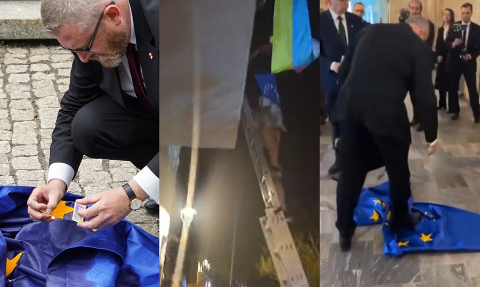 Grzegorz Braun z kampanią w cieniu śledztw. &quot;Walczy&quot; m.in. z unijnymi flagami
