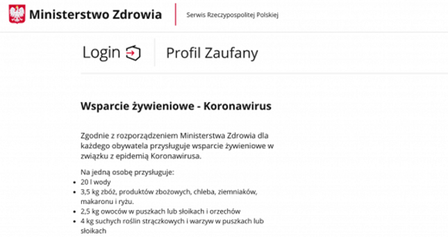 Getin Bank ostrzegł swoich klientów przed próbami wyłudzeń. Oszuści przekonują, że w związku z koronawirusem każdemu obywatelowi przysługuje racja żywnościowa, na którą trzeba się zapisać.