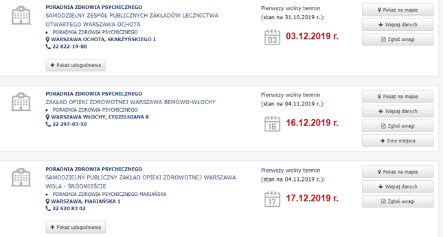 Czas oczekiwania na najbliższą konsultację lekarza psychiatry w ramach NFZ. Stan na 5 listopada 2019 roku.