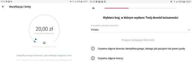 Przed zweryfikowaniem tożsamości limit doładowań jest niski