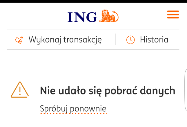 Aplikacja ing nie udalo sie pobrac danych