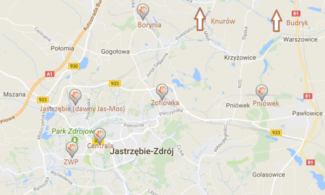 Do wszystkich oznaczonych na mapie kopalni dojeżdża jastrzębska komunikacja miejska. Nieco większy problem jest z Knurowem i Budrykiem, które leżą kilkadziesiąt kilometrów na północ od miasta. Do nich jednak blisko z głównych miast GOP-u