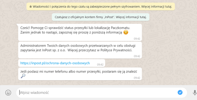 Wiadomość od chatbota InPostu