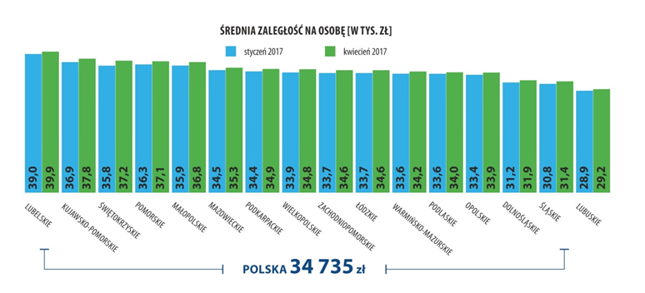 Źródło: Raport - dłużnik alimentacyjny BIG InfoMonitor, maj 2017 r.