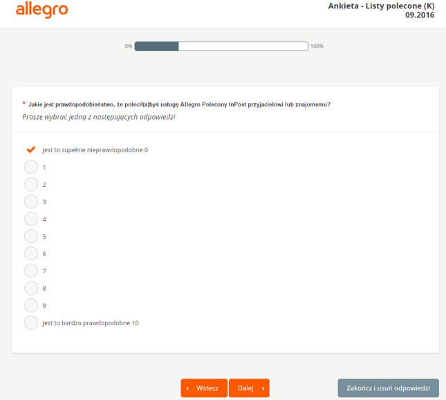 Jedno z pytań w ankiecie serwisu Allegro dot. Allegro Polecony InPost