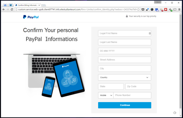 Podrobiony serwis PayPal