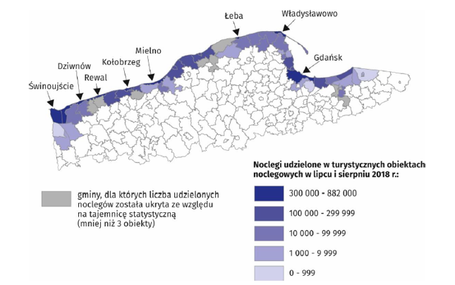 Gminy nadmorskie według liczby udzielonych noclegów w lipcu i sierpniu 2018 r.