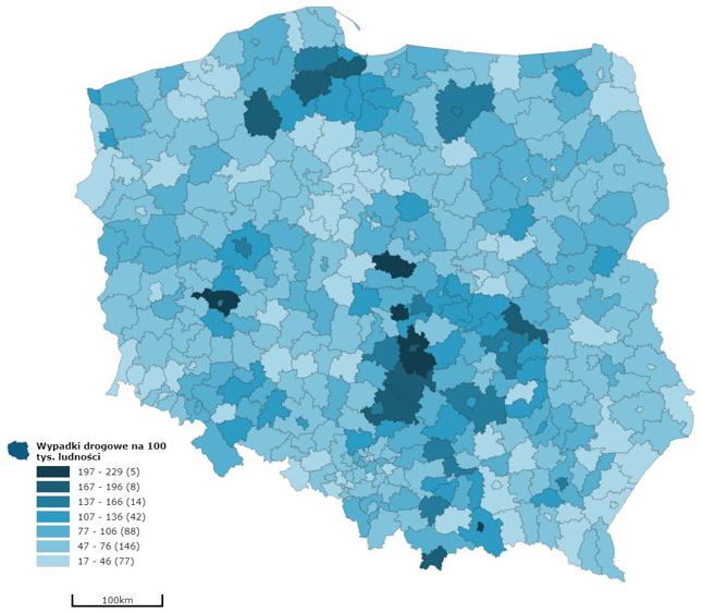 Liczba wypadków drogowych na 100 000 mieszkańców danego powiatu (2018 r.)