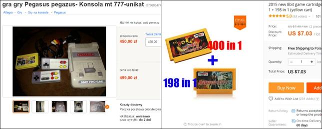 Przykładowa oferta sprzedaży Pegasusa (Allegro) i nowych kartridży kompilacyjnych (AliExpess)