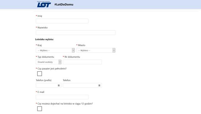 Zestaw danych, jakie należy uzupełnić na stronie https://lotdodomu.com/, zabiegając o powrót z zagranicy do Polski w czasie, gdy granice pozostają zamknięte ze względu na epidemię koronawirusa
