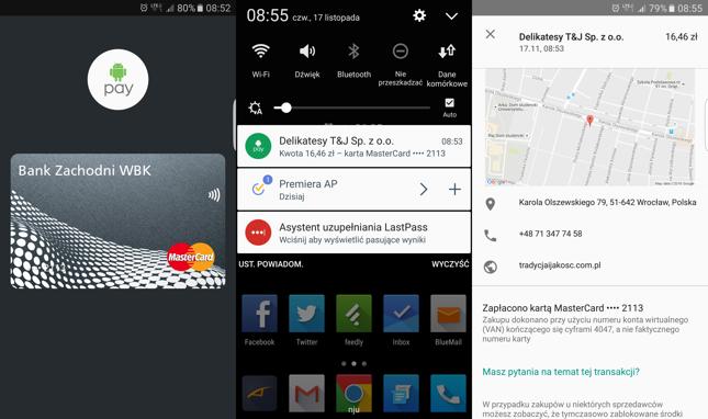 Ekran w trakcie płatności i historia operacji w Android Pay