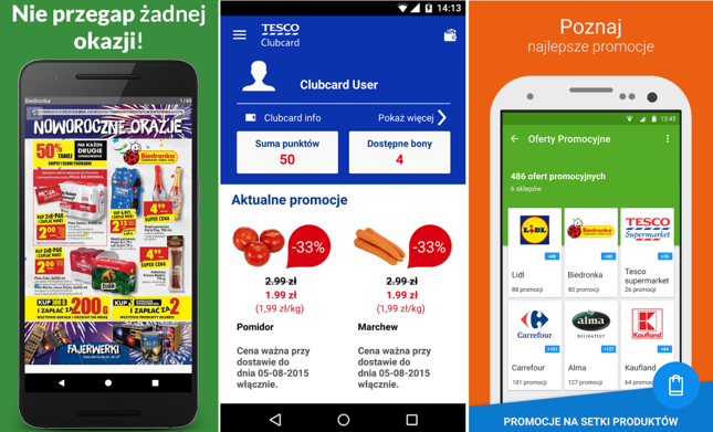 Od lewej: Moja Gazetka, Tesco Clubcard, Listonic