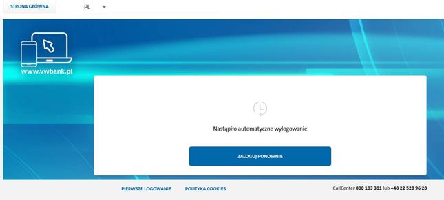 Widok strony logowania do Volkswagen Banku we wtorek rano