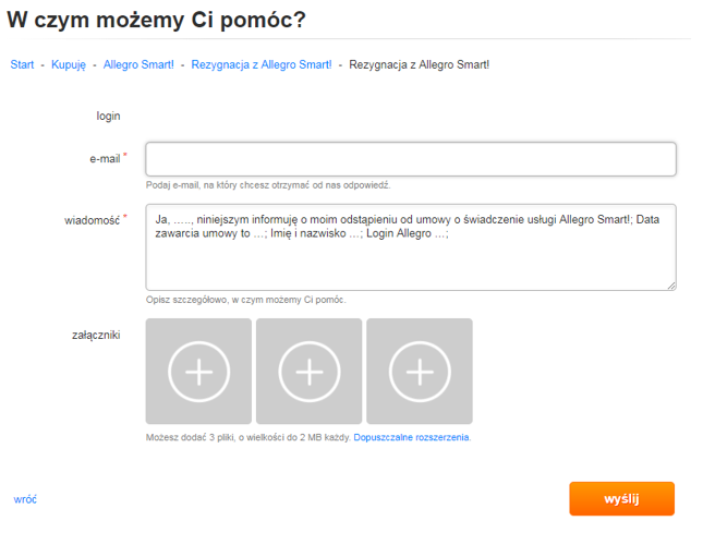 Aby zrezygnować z Allegro Smart!, trzeba wypełnić formularz kontaktowy.