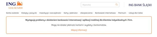 Komunikat widoczny w trakcie awarii na stronie www.ing.pl