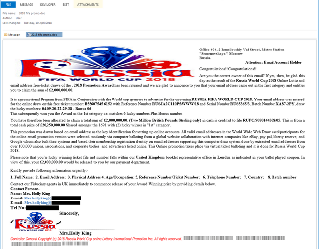Fałszywy e-mail informujący o wygranym bilecie na mundial