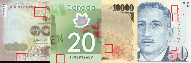 1000 baht tajskich, 20 dolarów kanadyjskich, 10000 jenów japońskich, 50 dolarów singapurskich.
