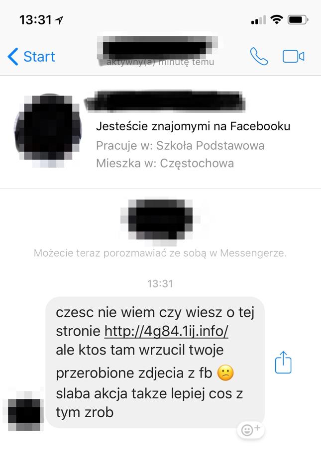 Jedna z wiadomości z linkiem przekierowującym