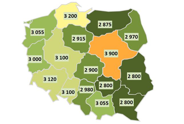 Mapa 1. Wynagrodzenia całkowite w sektorze publicznym w 2015 roku w poszczególnych województwach (brutto w PLN)