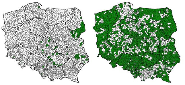 Gminy, w których odsetek ludności w wieku 65 lat i więcej przekracza 20 proc.: stan w 2016 r. po lewej i prognoza 2030 r. po prawej