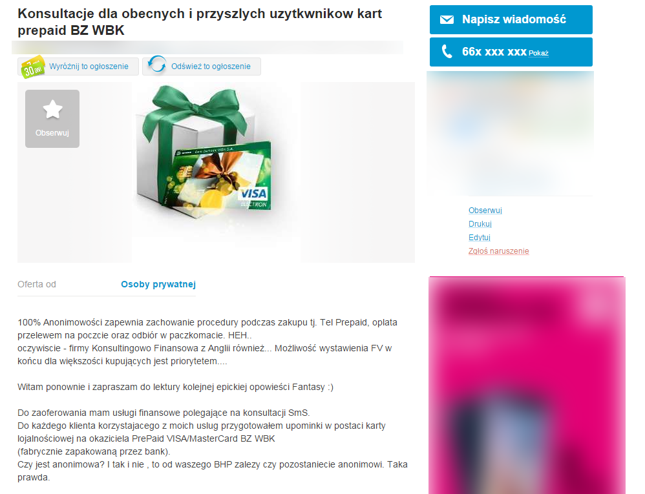 Jedno z ogłoszeń dotyczących kart przedpłaconych