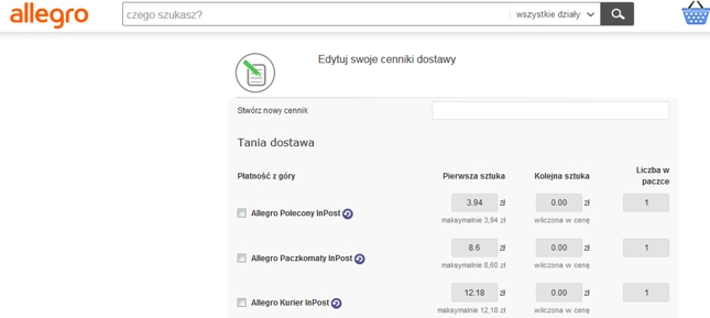 Cennik dostawy w allegro